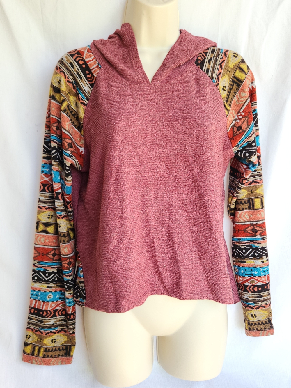 Yak N Yeti Dusty Rose Hooded Pullover Aztec Pattern Raglan Sleeve Western Boho M